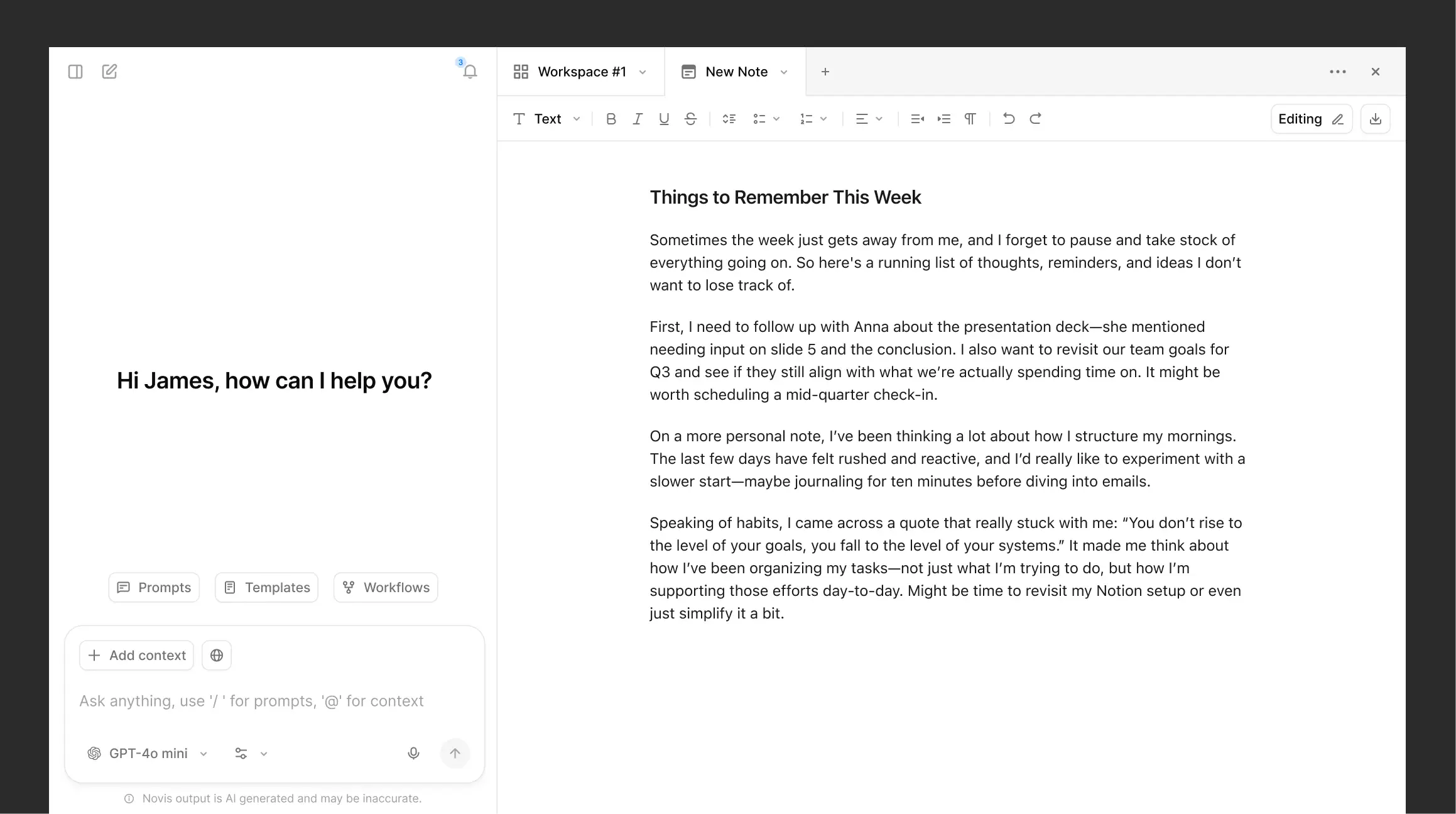 Novis workspace split view with chat and document